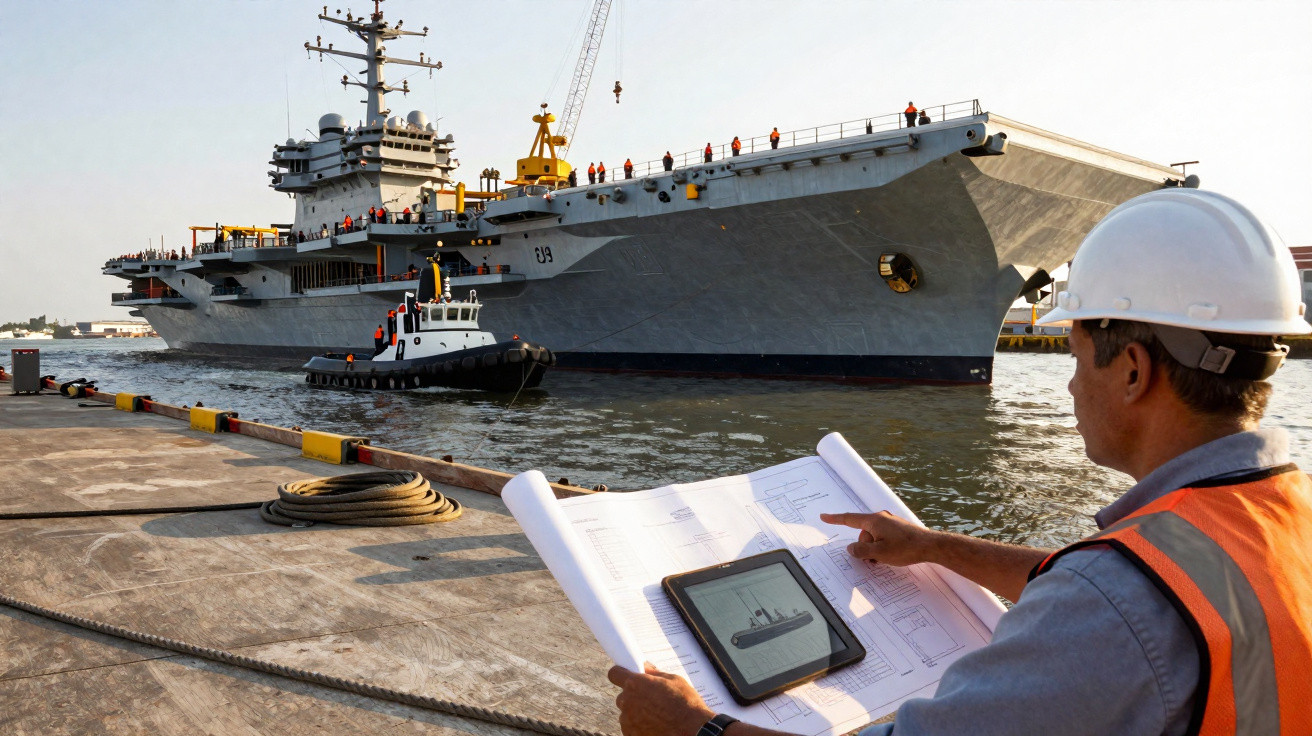 Homem de capacete e colete observa planta e tablet em cais, com navio militar atracado e rebocador ao fundo.