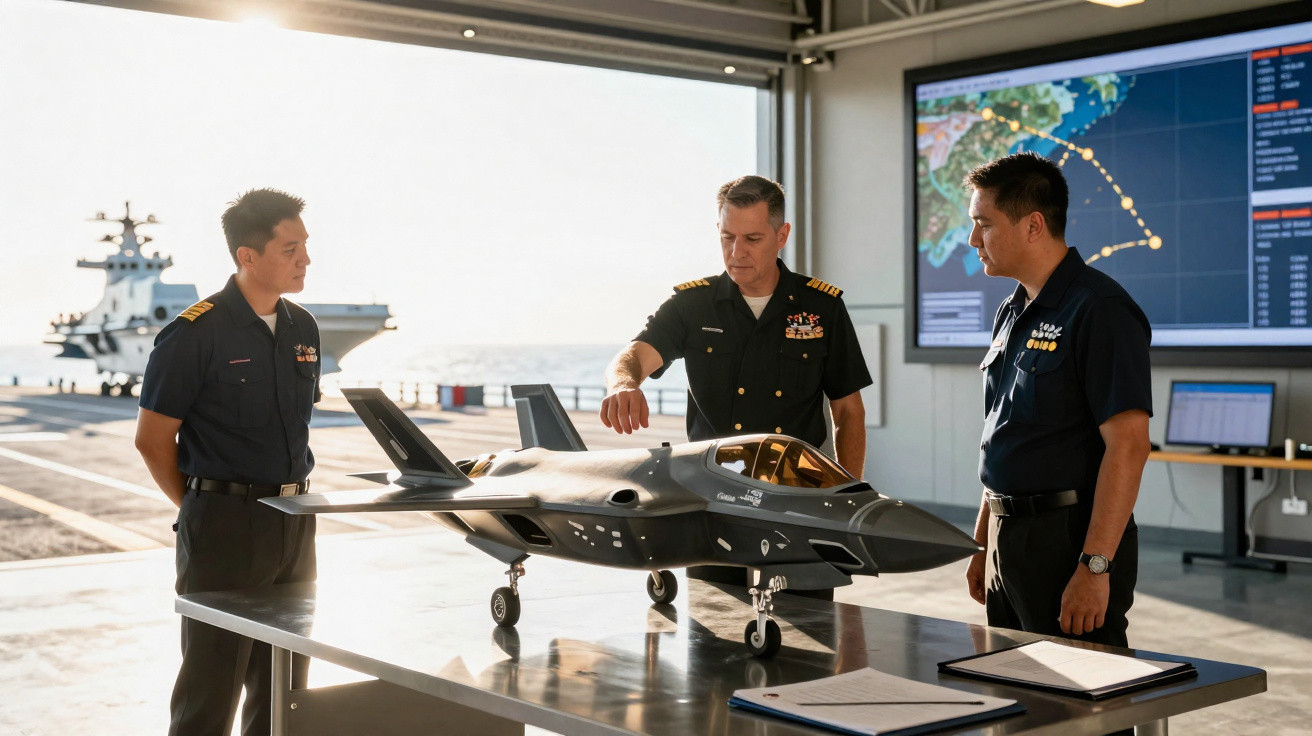 Três militares em uniformes posam ao redor de um modelo de avião de caça em uma sala com mapa de rotas no fundo.