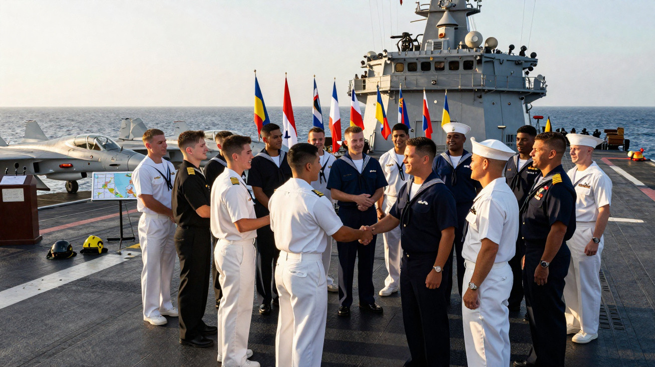 Marinheiros em uniformes brancos e azuis cumprimentam-se no convés de um navio com bandeiras ao fundo.