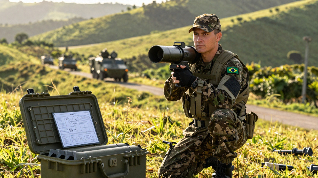 Soldado brasileiro em uniforme camuflado armado com lançador em área rural com viaturas militares ao fundo.