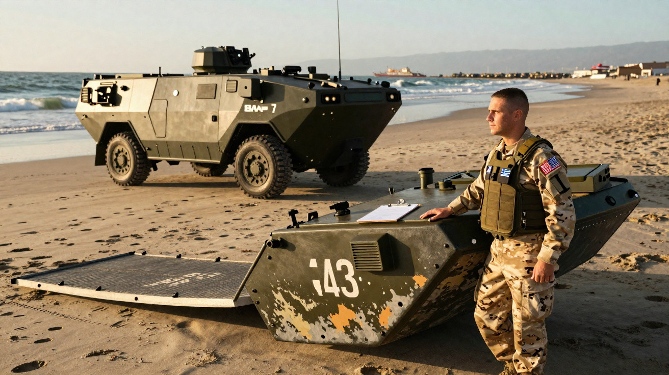 Soldado em traje militar ao lado de veículos anfíbios na areia da praia durante o dia.