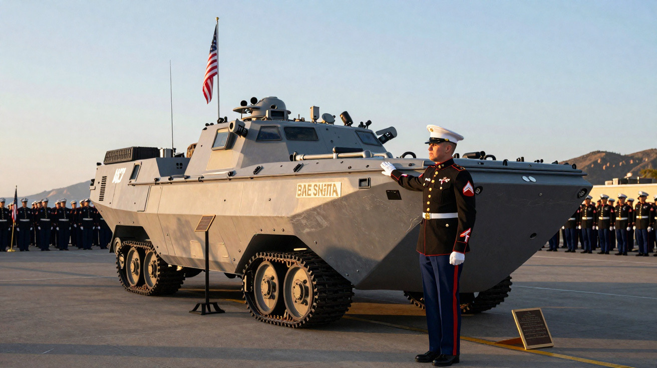 Fuzileiro naval dos EUA em uniforme formal ao lado de veículo blindado com bandeira americana em cerimônia.
