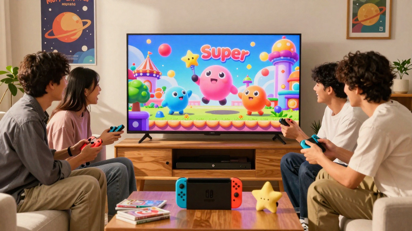 Quatro jovens jogando videogame em sala com TV e console Nintendo Switch sobre mesa de madeira.