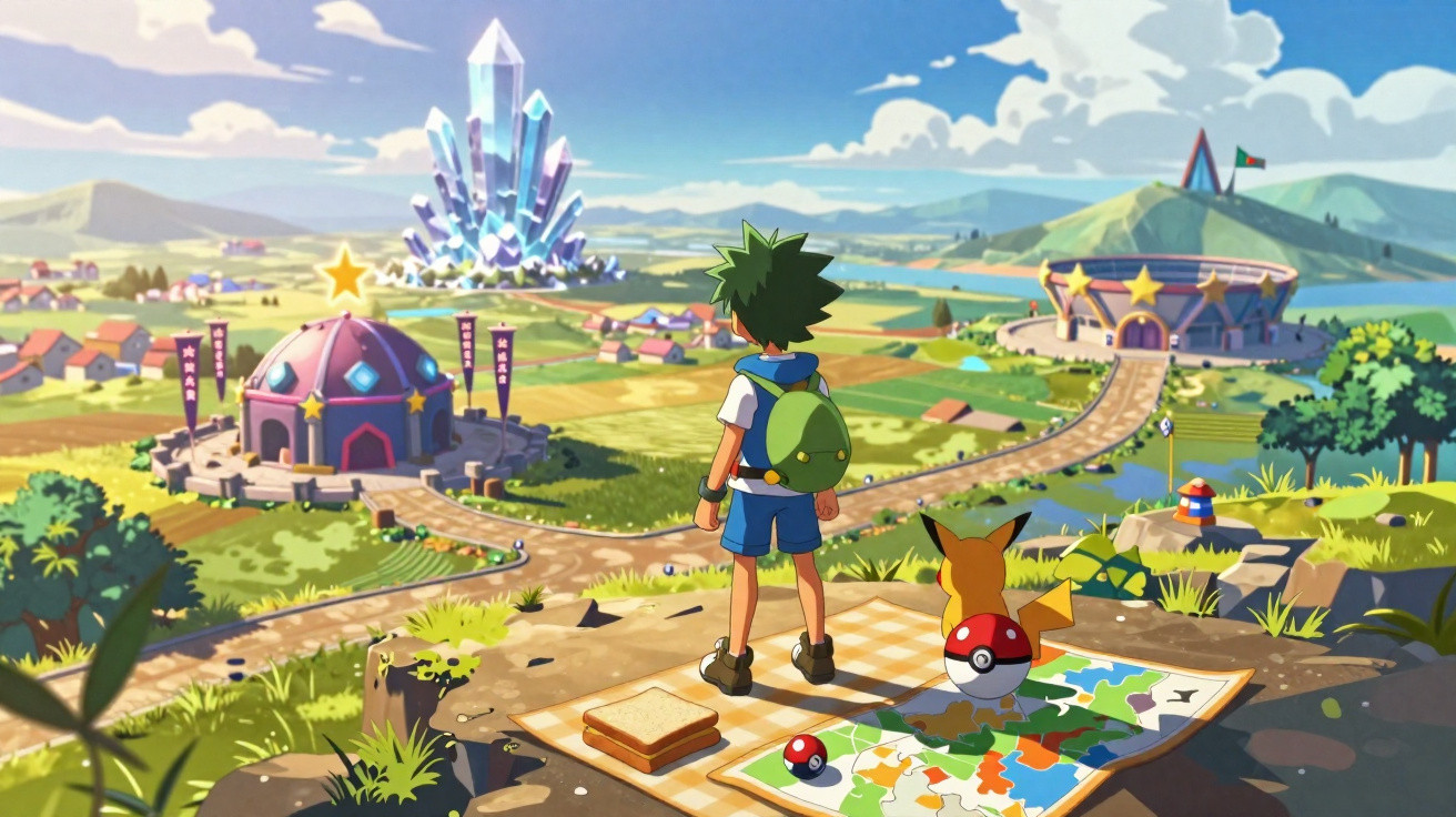 Criança e Pikachu observam mapa e vilarejo com prédios coloridos, campo e cristal gigante ao fundo.