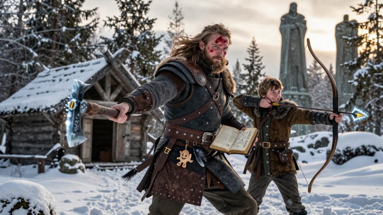 Dois guerreiros medievais em cenário de neve, um com machado e livro, outro com arco e flecha mágica mirando.