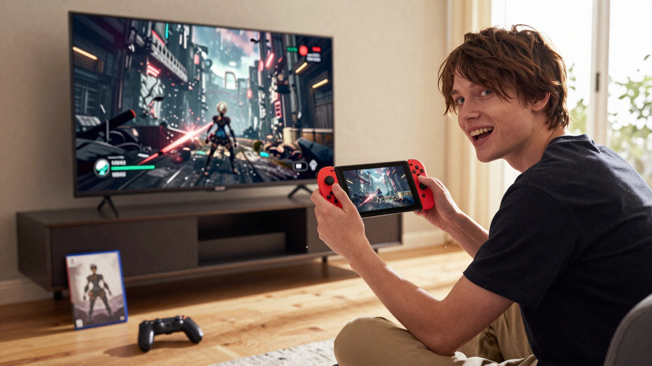 Jovem sentado jogando videogame portátil, com tela grande exibindo jogo de ação futurista à frente.