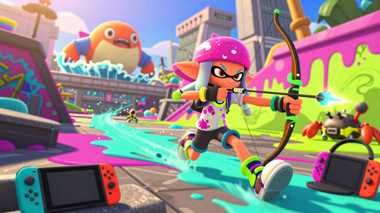 Personagem colorido com arco e flecha em cenário vibrante de jogo com consoles Nintendo Switch ao redor.