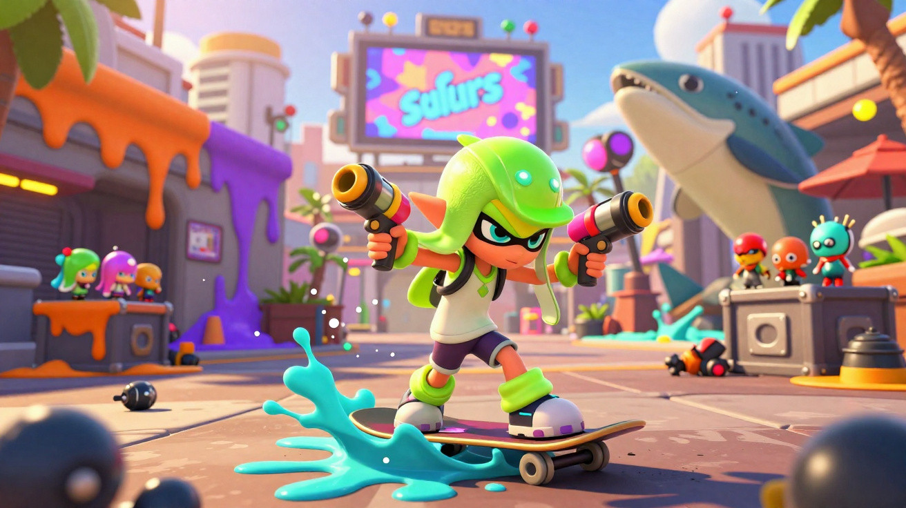 Personagem verde com capacete, usando duas pistolas em skate, em praça colorida com estátua de tubarão.