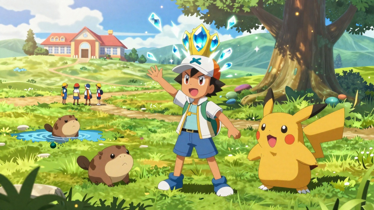 Ash com coroa mágica e Pikachu em campo verde com castores, árvore e casa ao fundo.