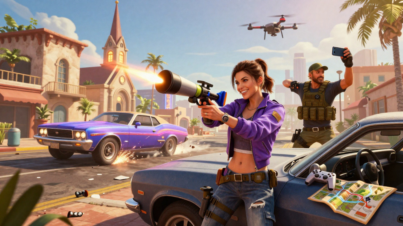 Personagem feminina com lança-foguetes e homem com drone e celular em cenário urbano de jogo de ação.