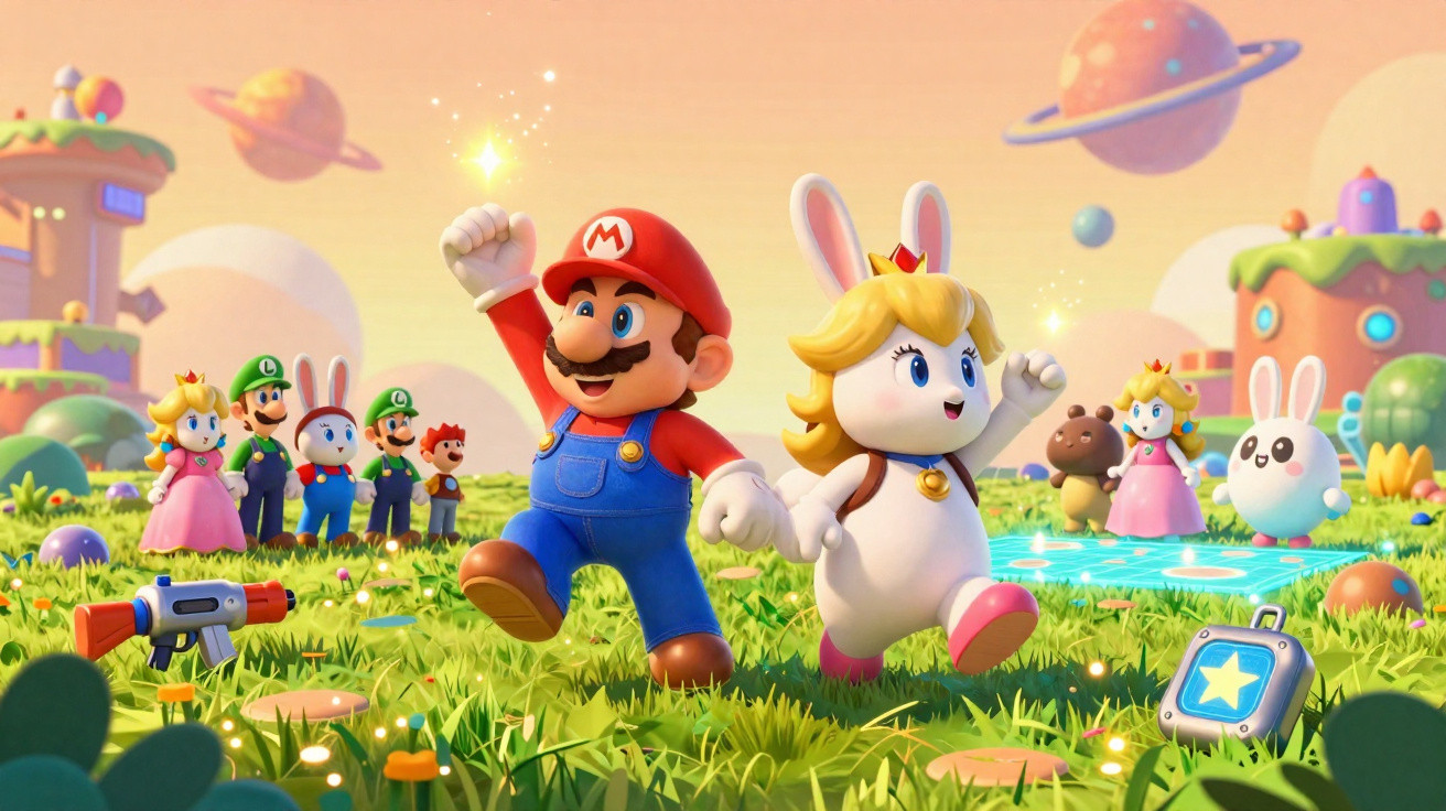 Mario e coelho Rabbid com coroa caminhando em campo verde em cenário colorido e fantasioso de planetas.