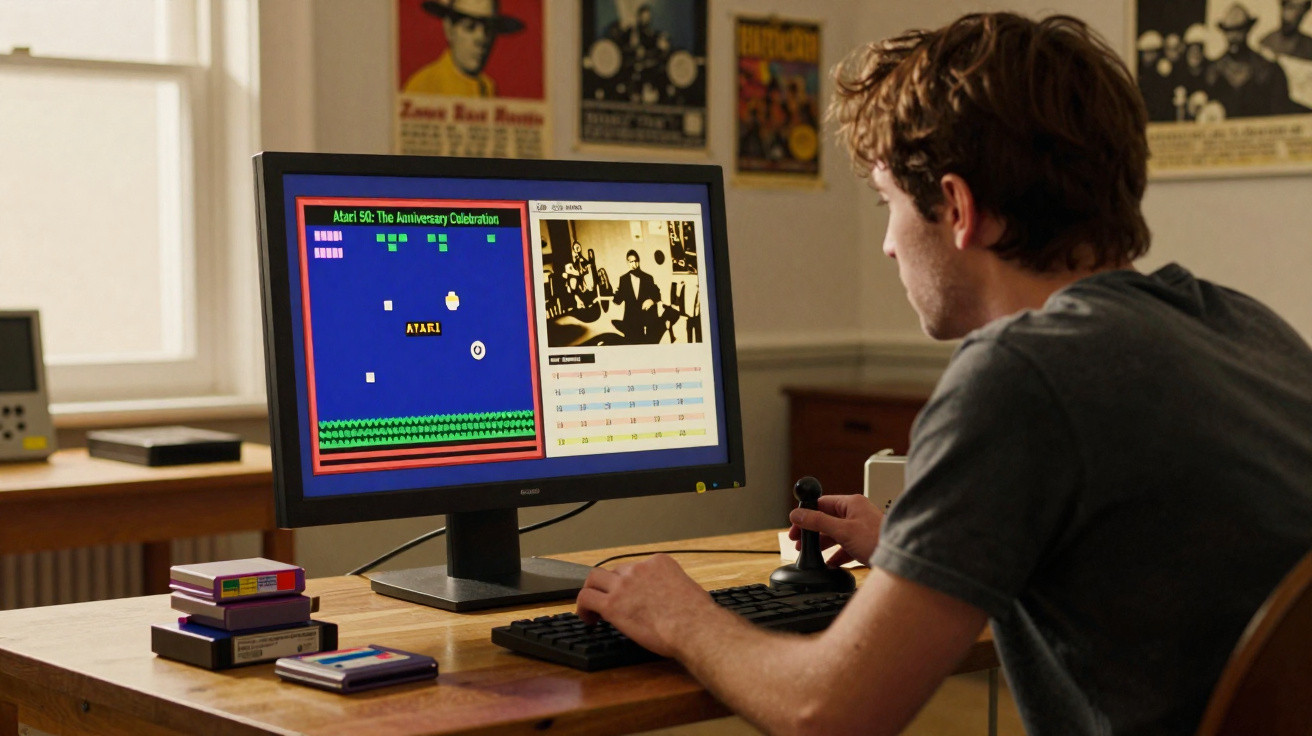 Homem jovem joga videogame retrô em computador com joystick em mesa de madeira.