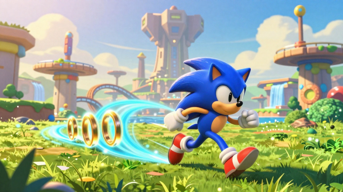 Sonic, o ouriço azul, correndo rapidamente em um cenário colorido com anéis dourados flutuantes.