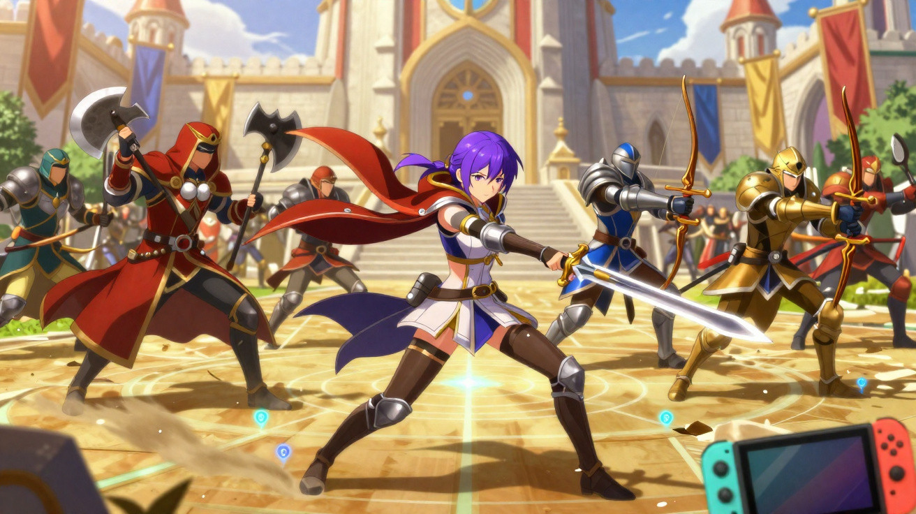 Personagem roxa com espada e grupo de guerreiros em frente a castelo em cenário de videogame.