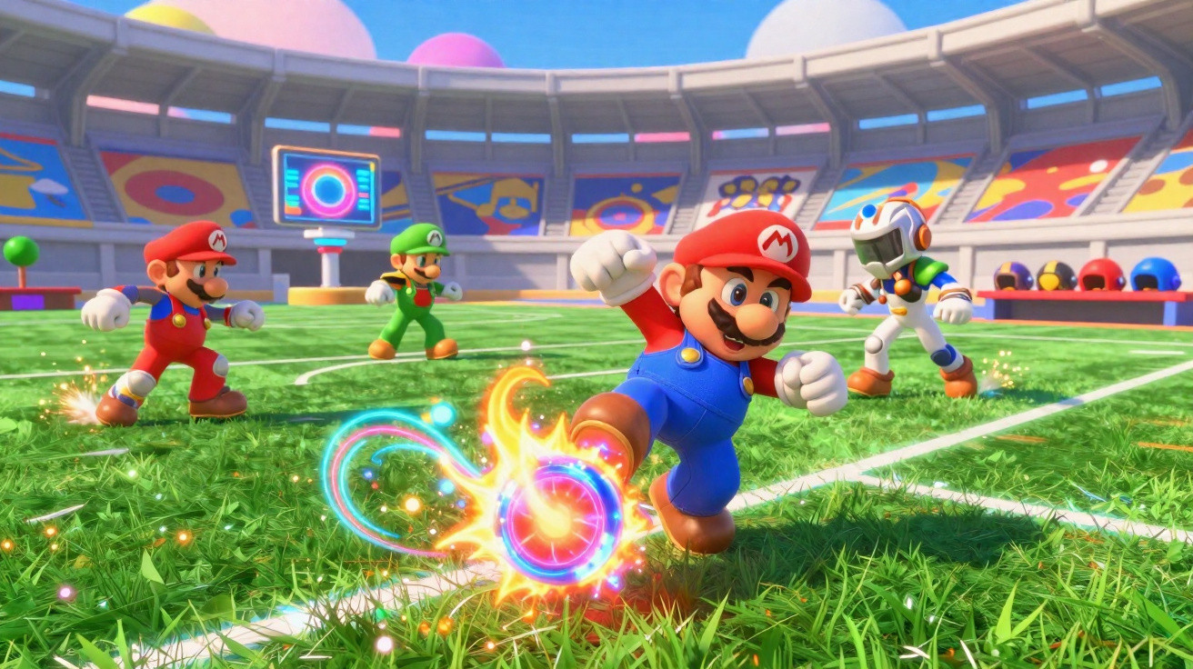 Mario chuta uma bola de energia em campo de futebol, com Luigi e outro personagem ao fundo em estádio colorido.