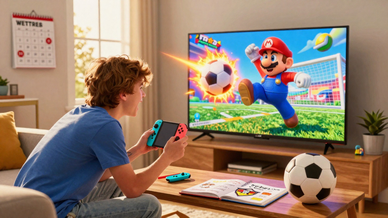 Jovem jogando videogame com controle Nintendo Switch, tela mostra Mario chutando bola de futebol.