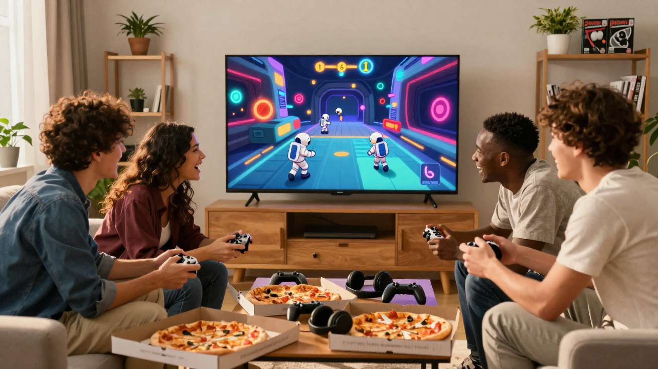 Quatro jovens jogando videogame na sala, com pizzas e controles sobre a mesa à frente.