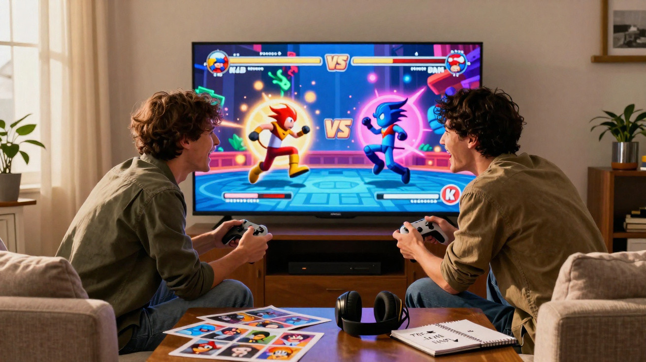 Dois jovens jogam videogame em sofá, com jogo de luta colorido na TV à frente.