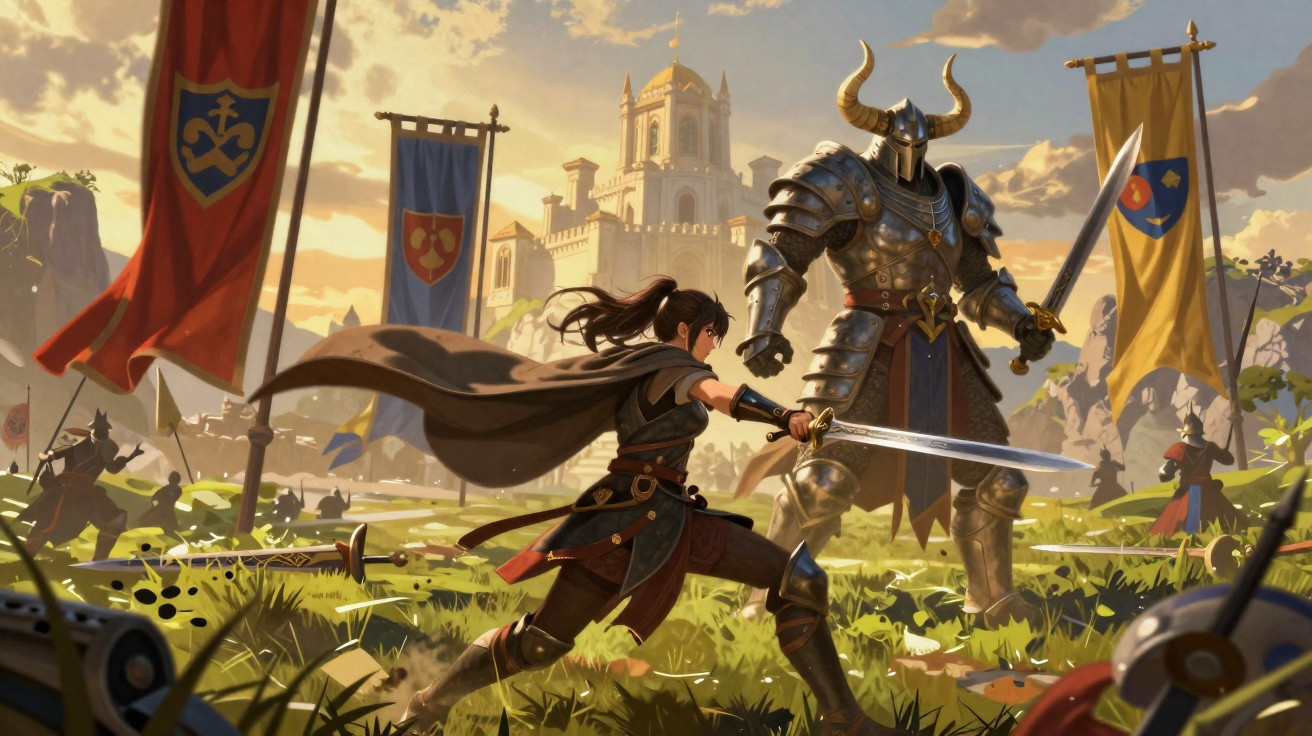 Guerreira com espada enfrenta cavaleiro de armadura com chifres em campo de batalha medieval ao pôr do sol.