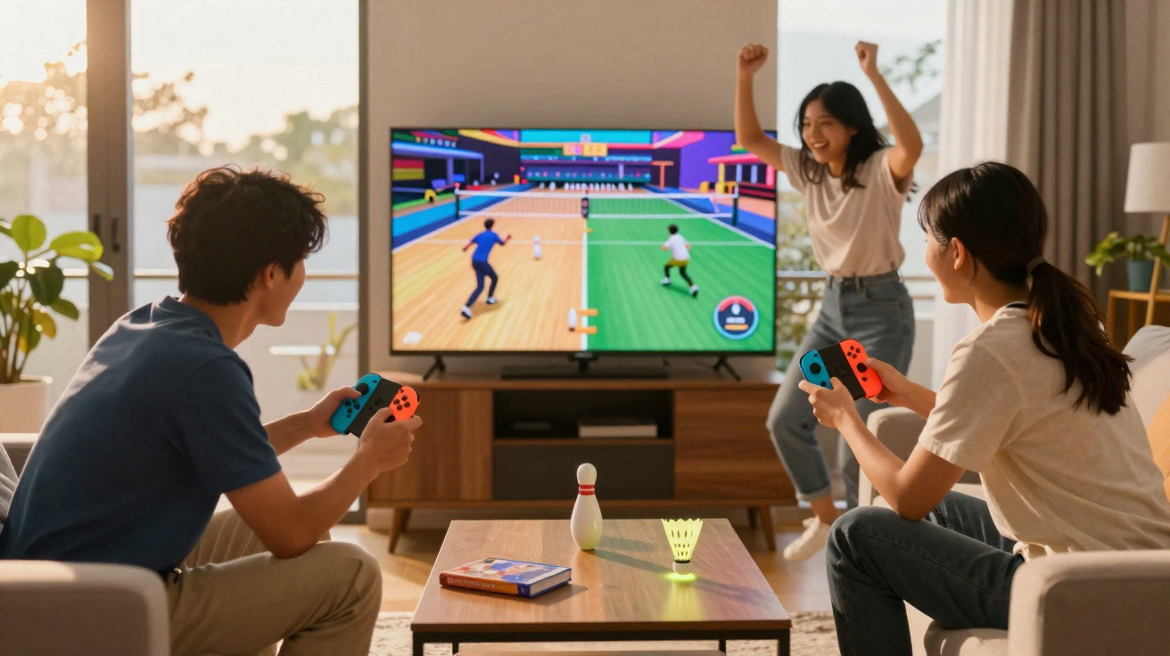 Três pessoas jogando videogame de tênis virtual em sala de estar com controles em mãos e TV à frente.