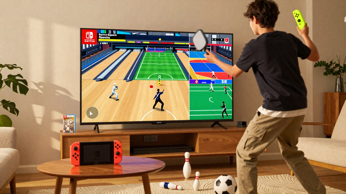 Criança jogando videogame de esportes em TV grande com controles Nintendo Switch em sala de estar.