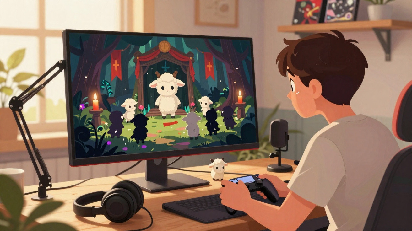 Jovem jogando videogame de aventura com ovelhas em cenário de floresta em computador na mesa de madeira.