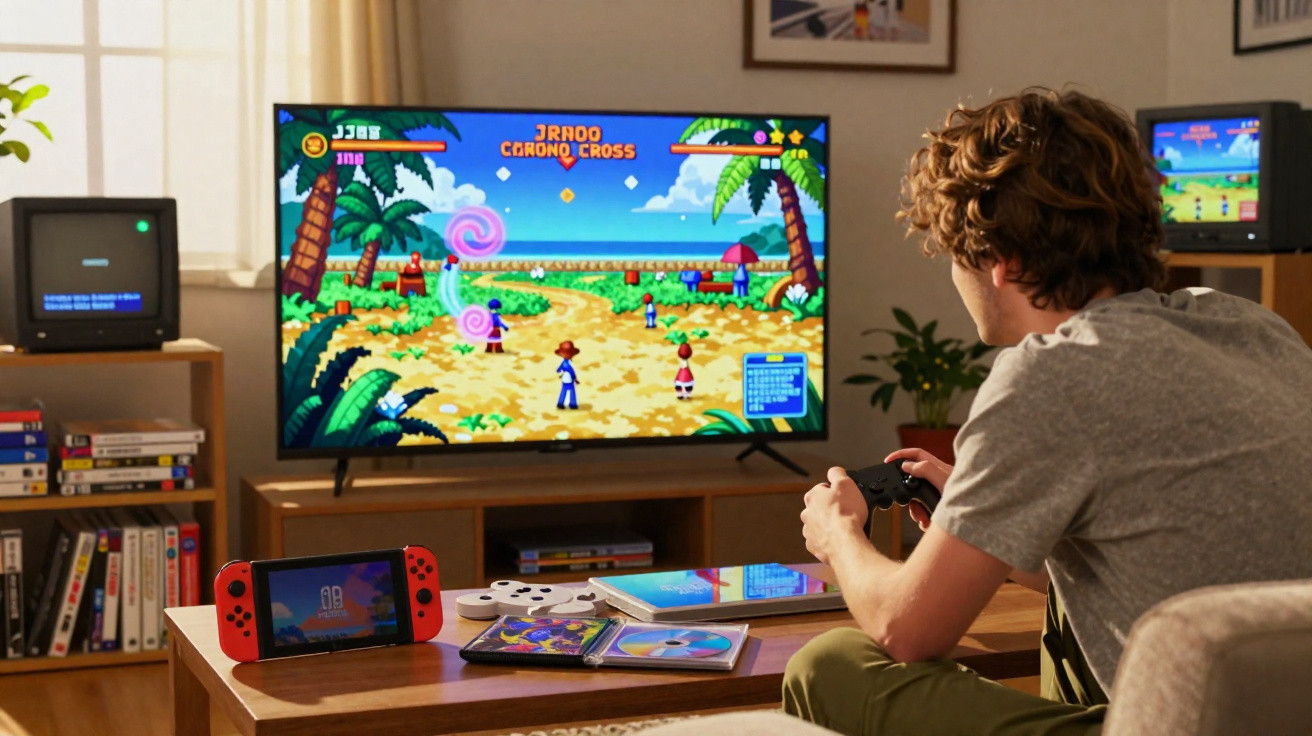Jovem jogando videogame com controle em sala, TV exibe jogo colorido com tema de praia e personagens animados.