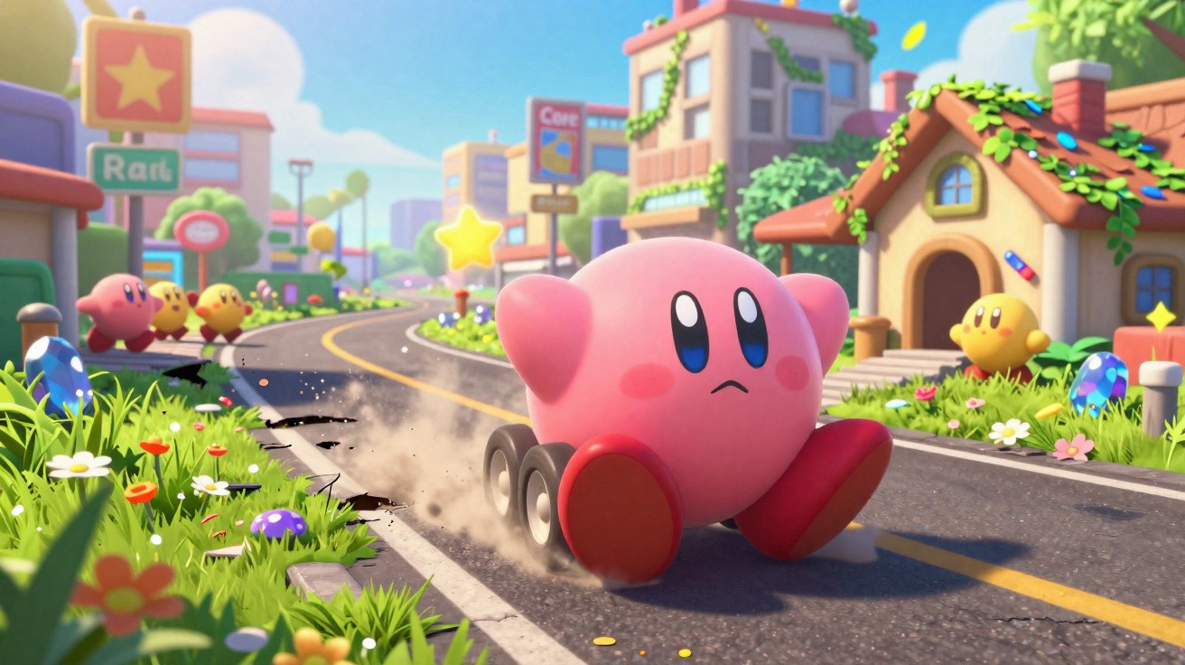 Kirby rosa em veículo com rodas correndo em estrada numa cidade colorida e ensolarada.