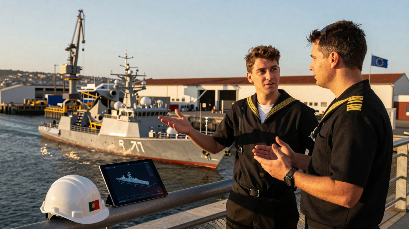 Dois marinheiros conversam no cais com navio militar ao fundo e tablet com modelo 3D do navio.