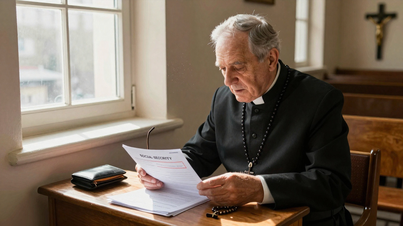 Padre idoso sentado à mesa, lendo documento, com terço e crucifixo ao fundo em sala iluminada por janela.