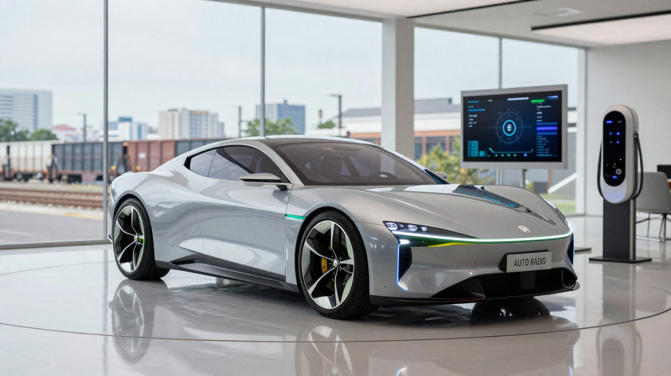 Carro esportivo elétrico prata estacionado em showroom moderno com tela digital e estação de recarga.
