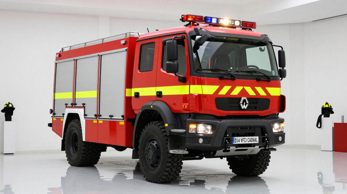 Caminhão de bombeiros vermelho com faixas amarelas estacionado em ambiente interno branco.