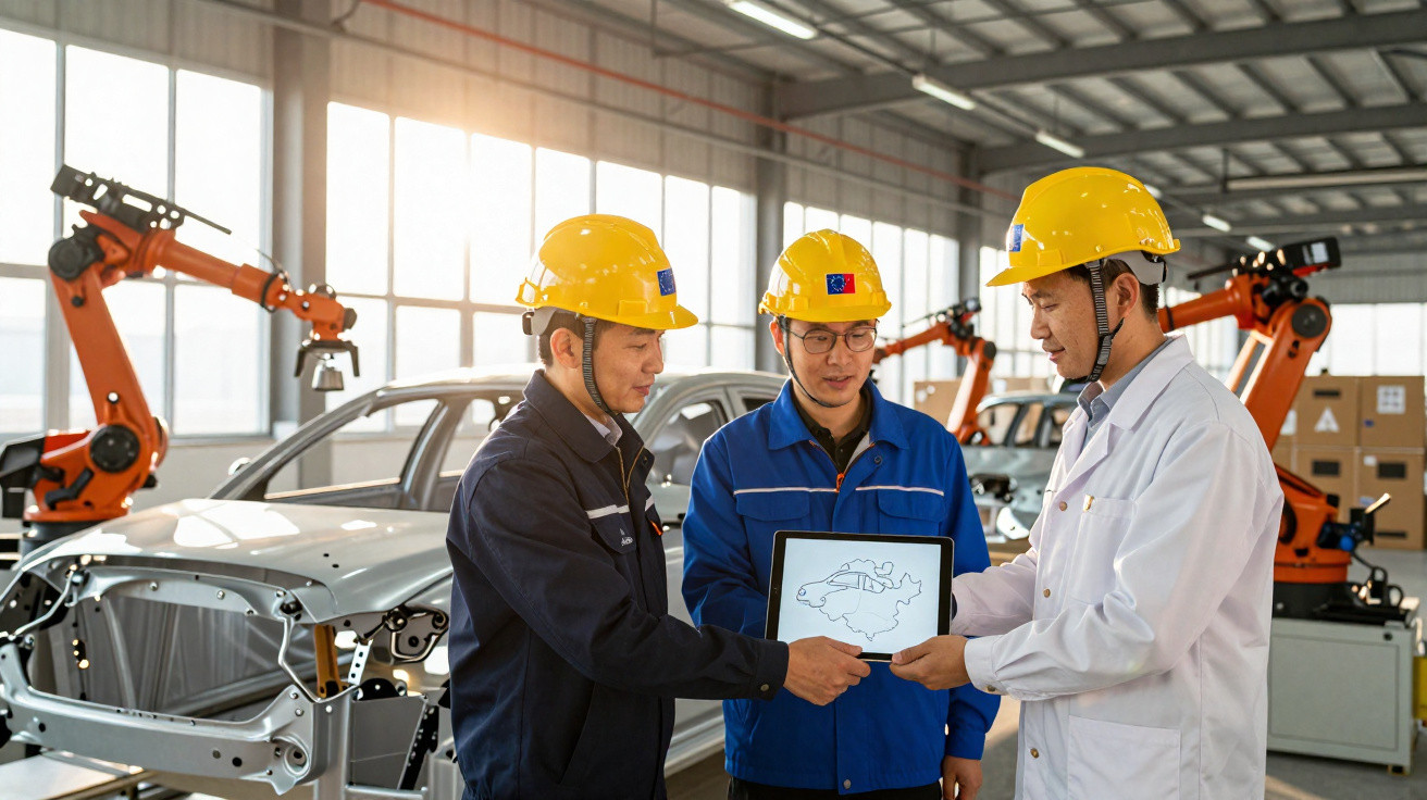 Três engenheiros com capacetes analisam projeto digital em fábrica de montagem automotiva.