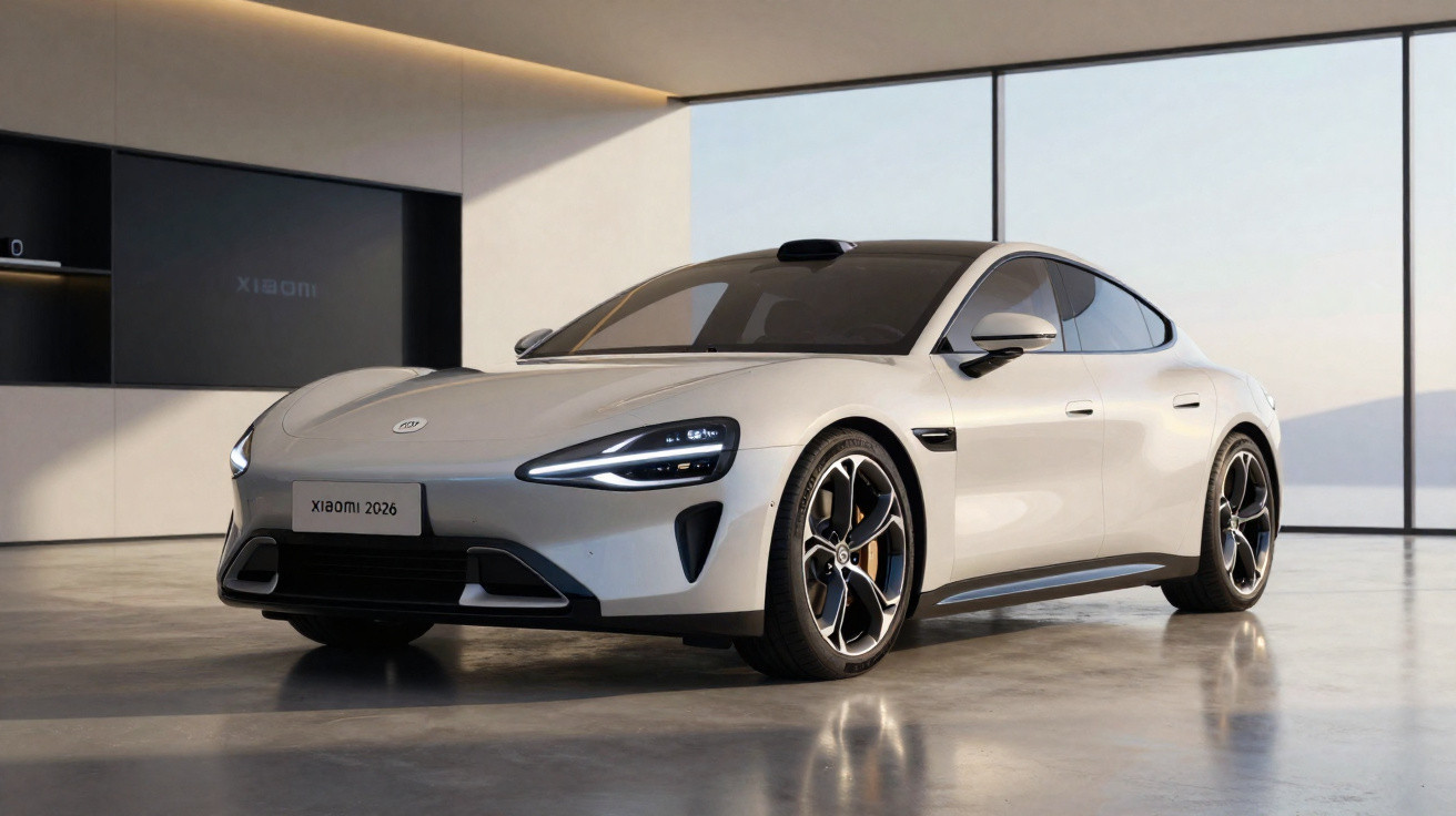 Carro elétrico branco Xiaomi 2026 em exposição minimalista com iluminação natural e piso refletivo.