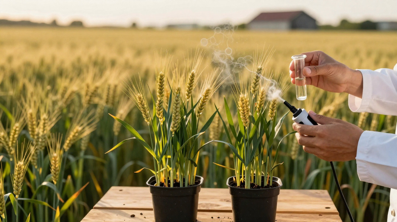 Pesquisador segurando amostra líquida ao lado de plantas de trigo em vasos, campo ao fundo.
