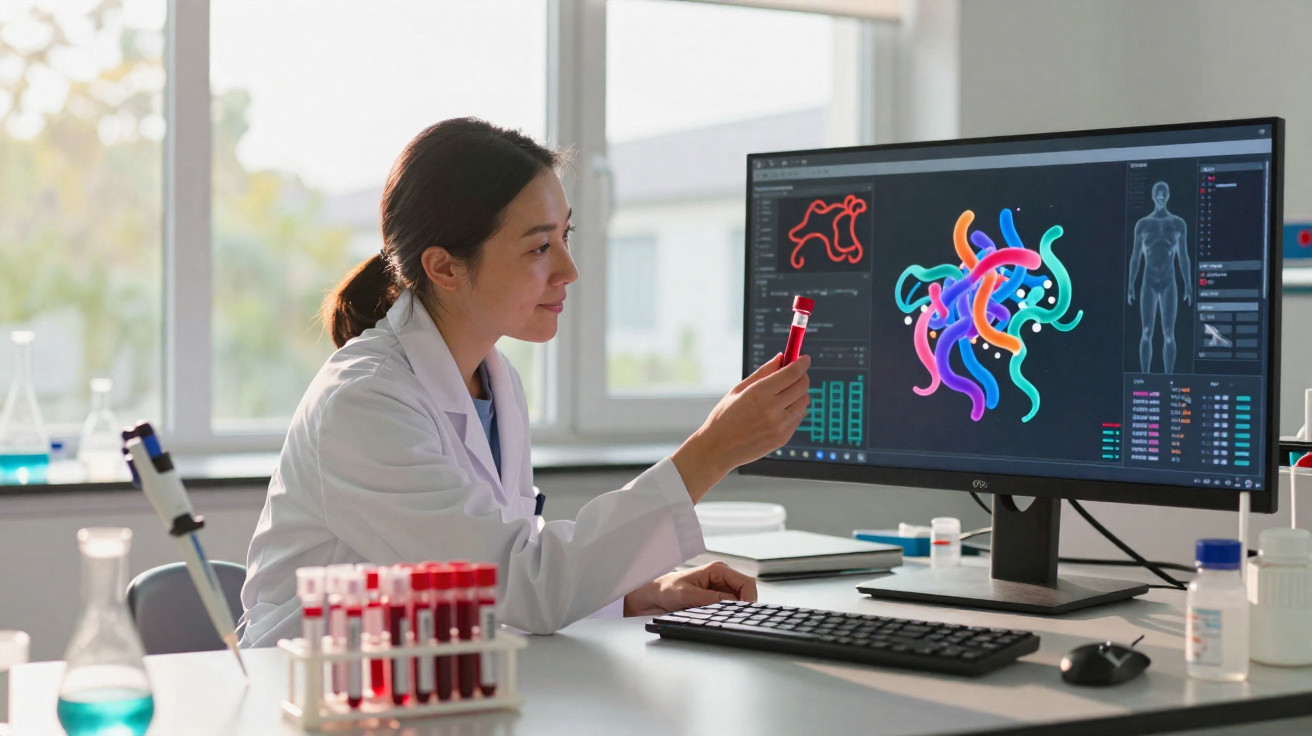 Pesquisadora em laboratório analisando amostra de sangue com imagens científicas em monitor de computador.