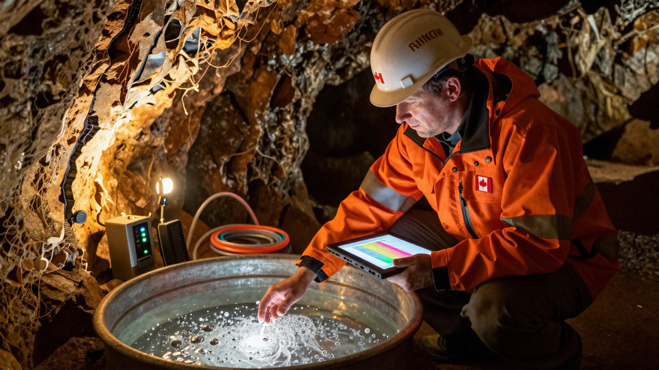 Homem com capacete e jaqueta laranja examina tanque de água iluminado dentro de uma caverna.