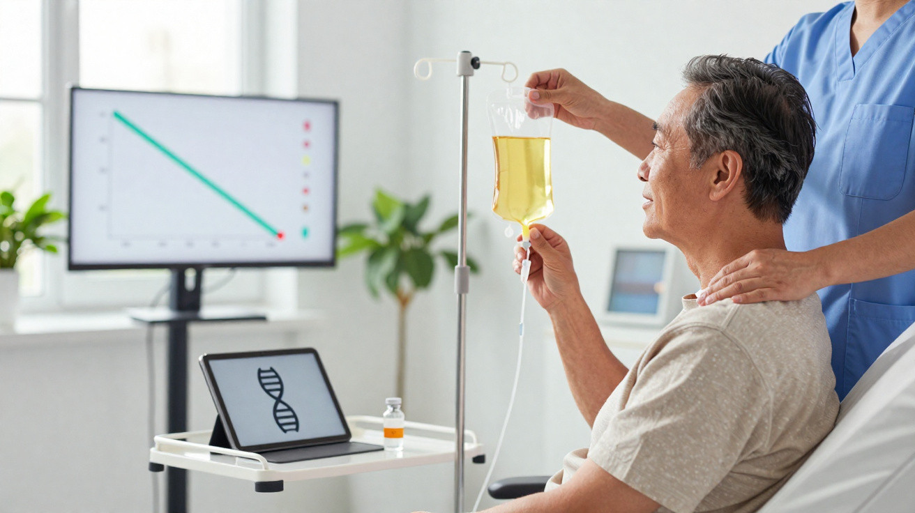Paciente recebendo infusão intravenosa enquanto profissional de saúde o apoia em ambiente clínico moderno.