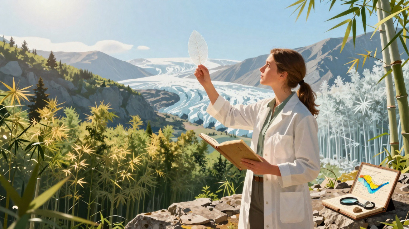 Mulher cientista observa folha transparente com geleira e floresta ao fundo, segurando livro aberto.