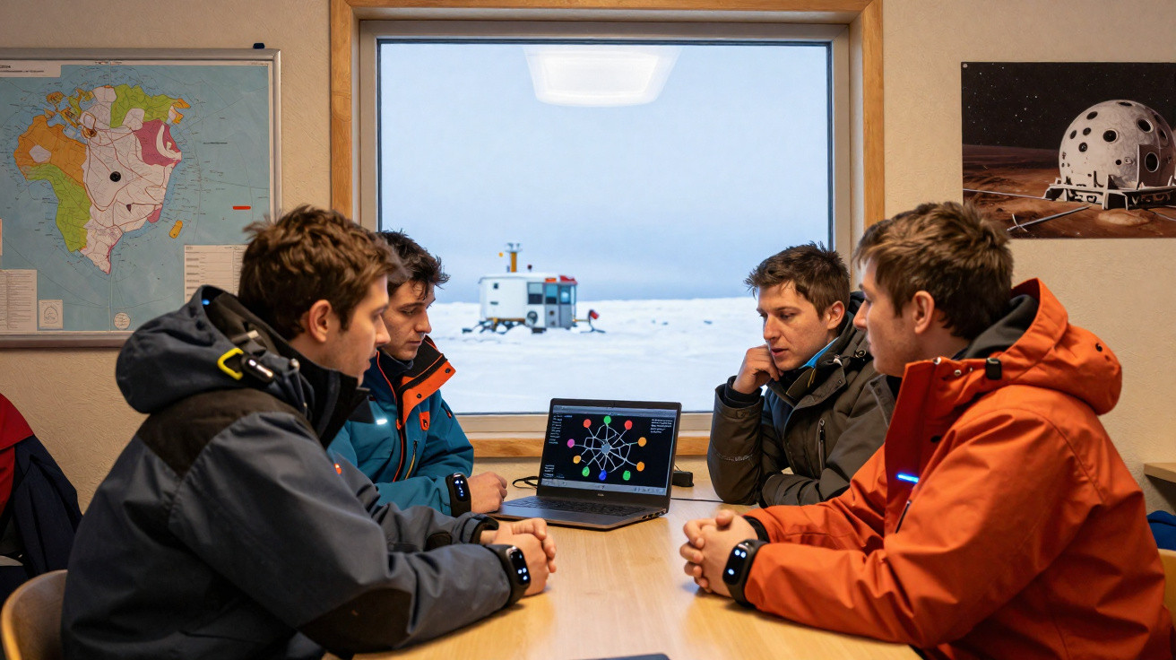 Quatro homens em roupas de inverno discutem gráficos em laptop dentro de uma estação polar, com neve na janela.