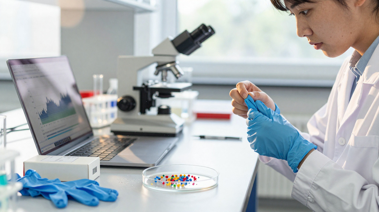 Pesquisadora em jaleco coloca luva azul em laboratório com microscópio, computador e placa de petri.