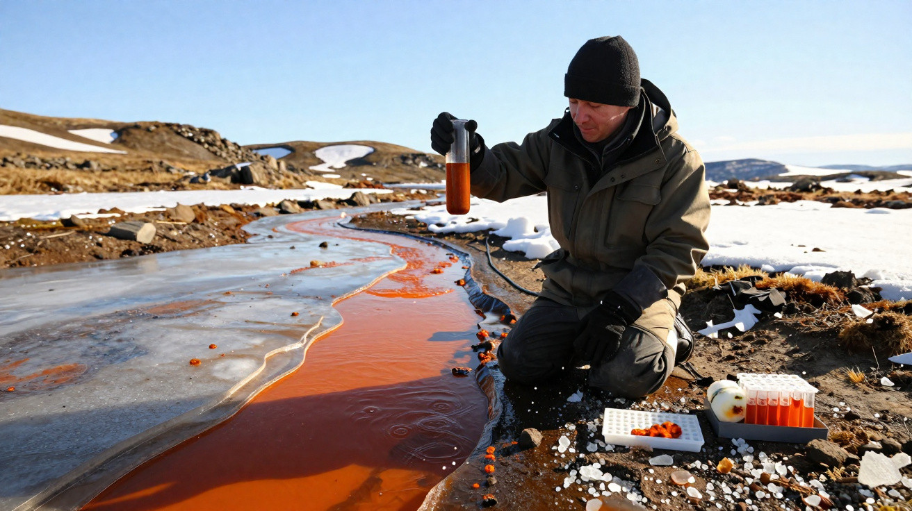 Cientista com roupa de frio coleta amostra de água vermelha em riacho congelado na tundra.