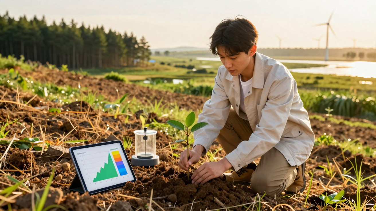 Jovem planta muda em área rural com tablet exibindo gráfico e moinho de vento ao fundo no pôr do sol.