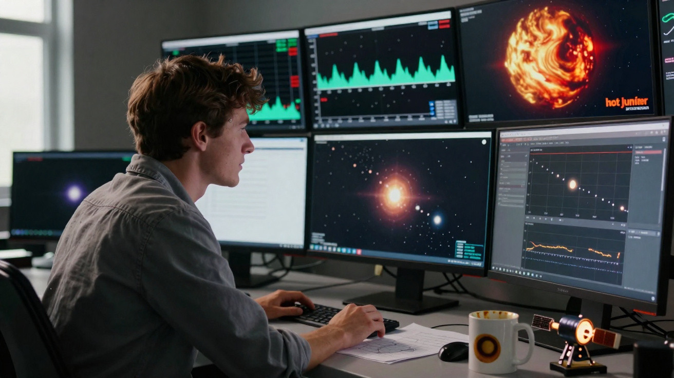 Jovem observando imagens e gráficos astronômicos em múltiplos monitores em escritório moderno.