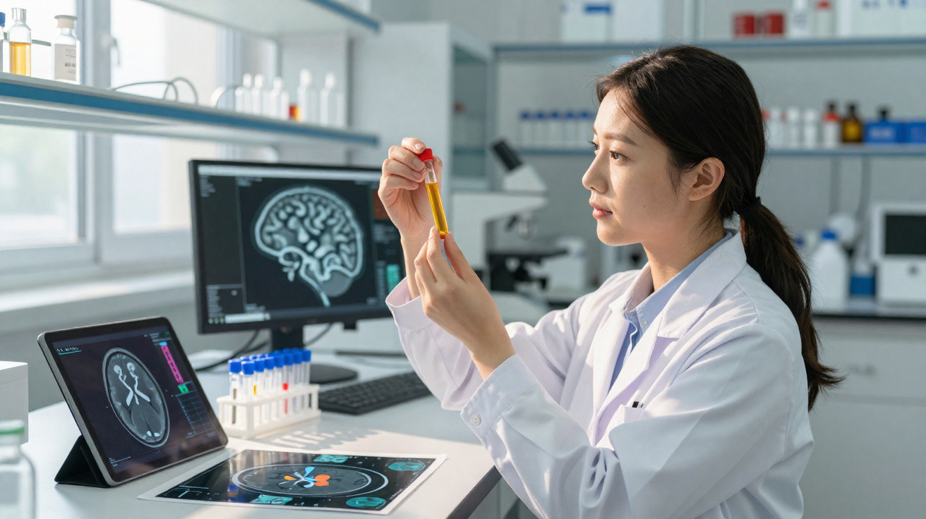 Cientista analisando tubo de ensaio em laboratório com imagens digitais do cérebro em telas ao fundo.
