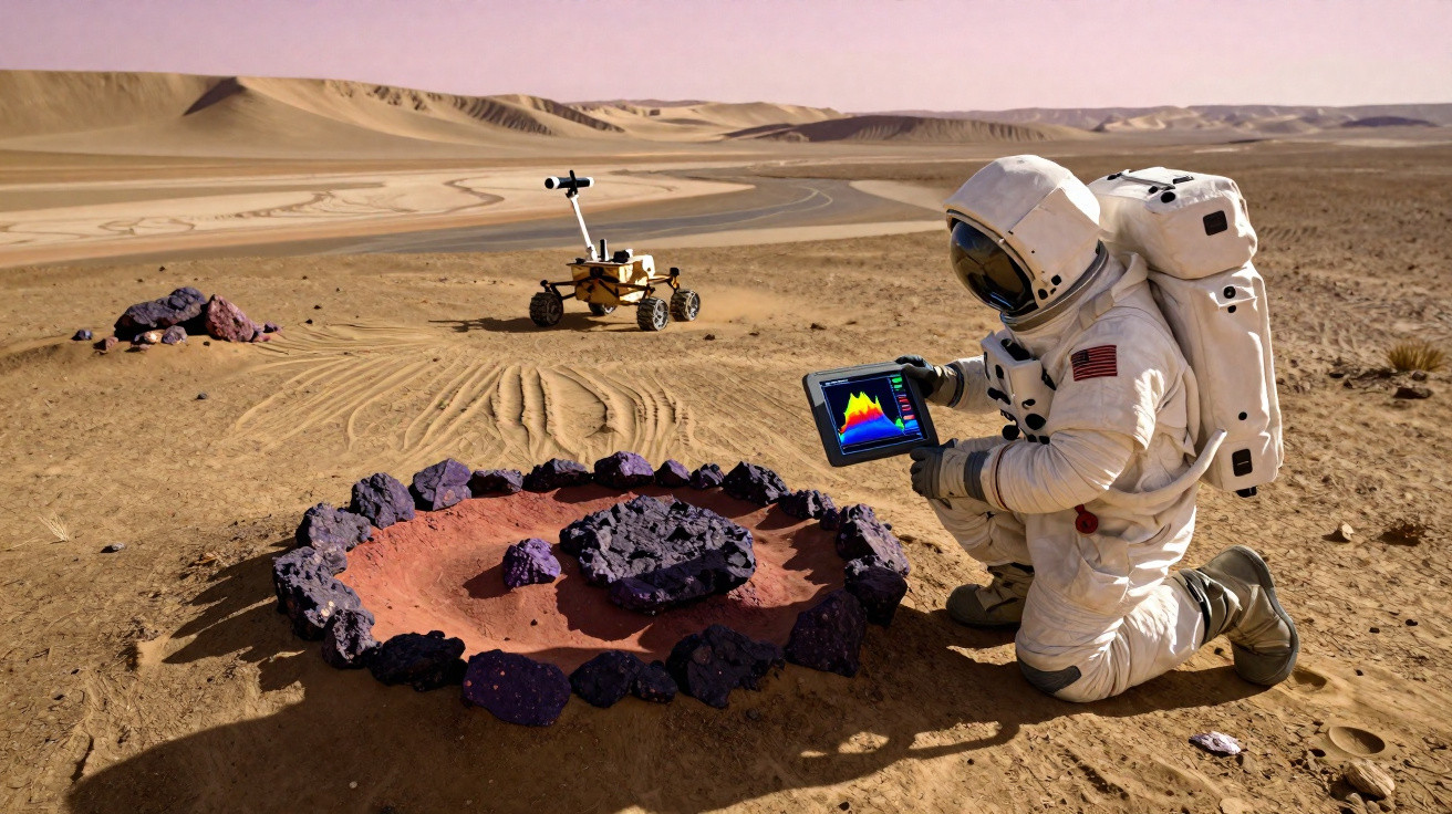 Astronauta em solo árido com tablet, rover e formação circular de rochas roxas ao redor.