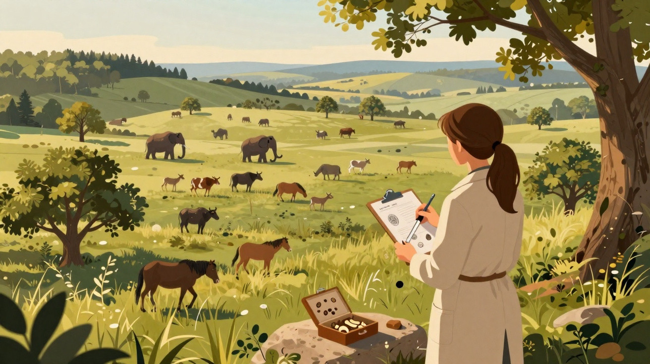 Mulher com jaleco registra animais em campo aberto, incluindo elefantes, cavalos e gado, em cenário rural.