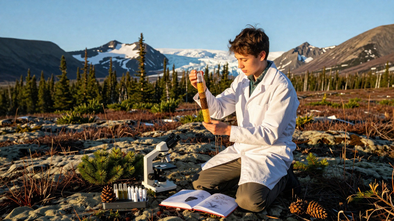 Jovem cientista com jaleco analisa amostra em tubo de ensaio na natureza com montanhas e floresta ao fundo.