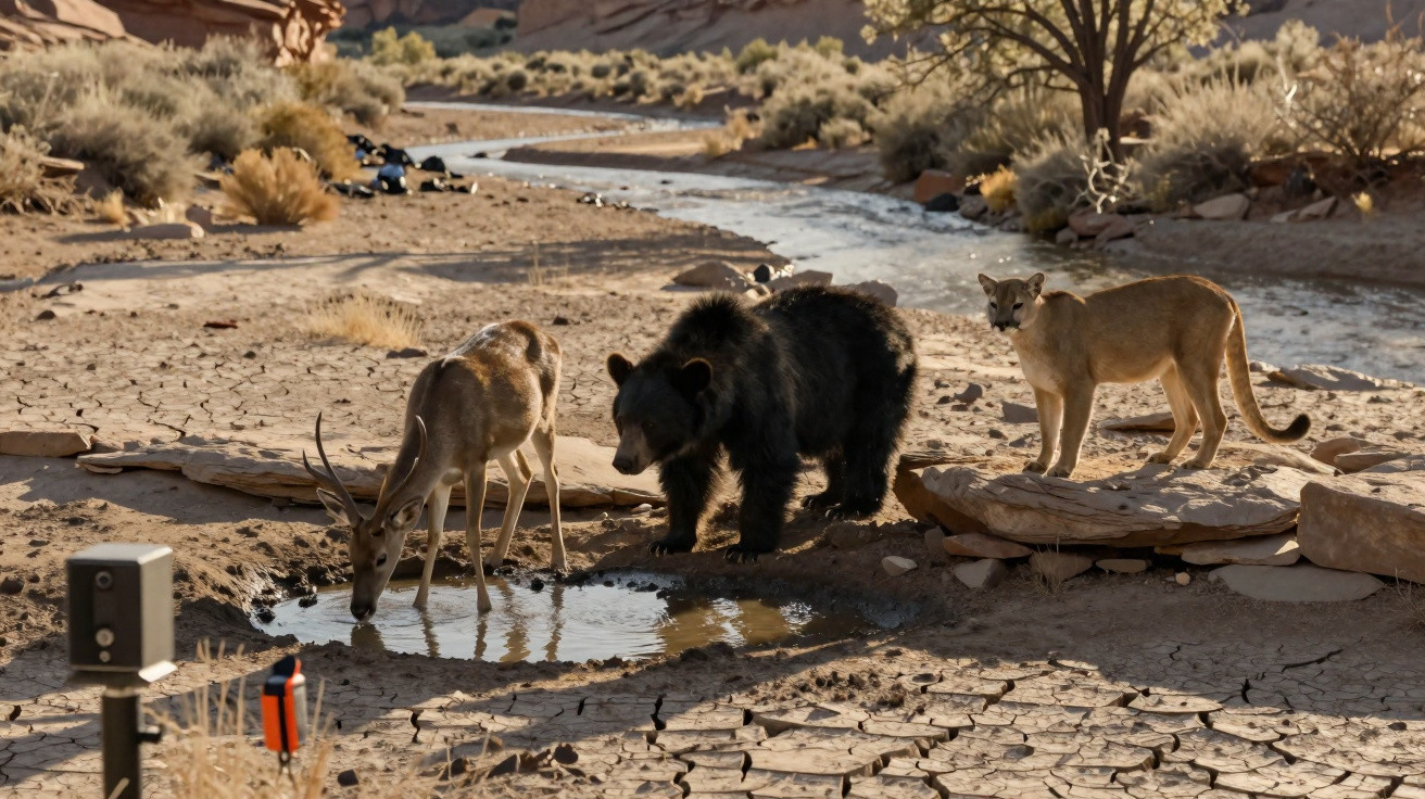 Veado, urso e puma bebendo água em poça no deserto seco com vegetação e arbustos ao fundo.