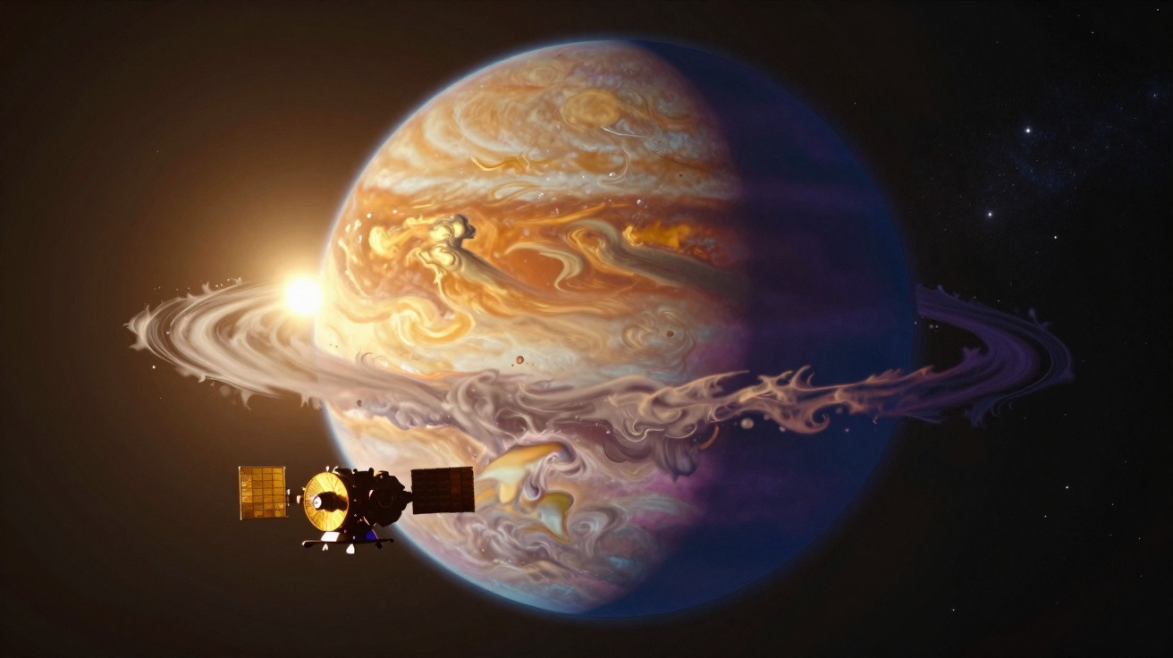 Ilustração de sonda espacial próxima a planeta gasoso com anéis coloridos e céu estrelado.